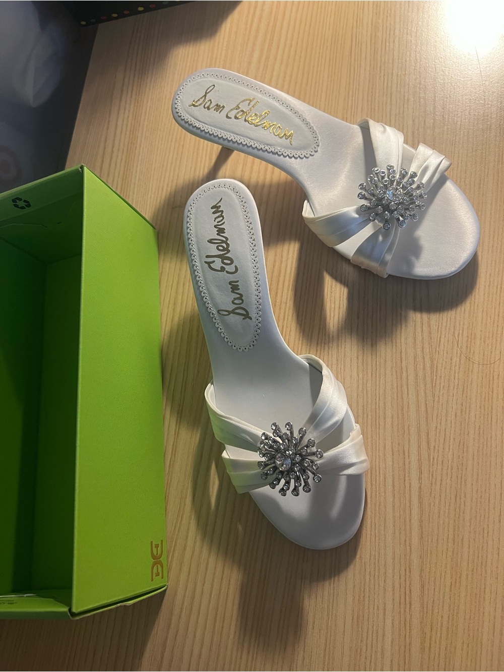 Sam Edelman White Satin Slide Mules with Crystal Burst Accent